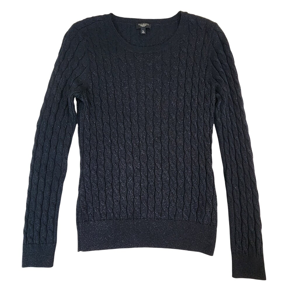 Talbots Womens Pullover Sweater S Petite Black Cable Knit Crew Neck #2320